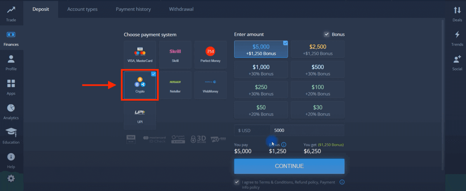 ฝากเงินใน ExpertOption ผ่านบัตรธนาคาร (Visa / Mastercard) การชำระเงินทางอิเล็กทรอนิกส์ และ Cryptocurrency ในอียิปต์
