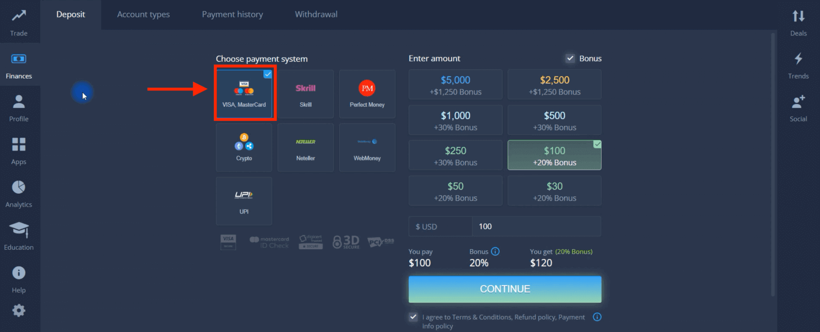 ฝากเงินใน ExpertOption ผ่านบัตรธนาคาร (Visa / Mastercard) การชำระเงินทางอิเล็กทรอนิกส์ และ Cryptocurrency ในสิงคโปร์