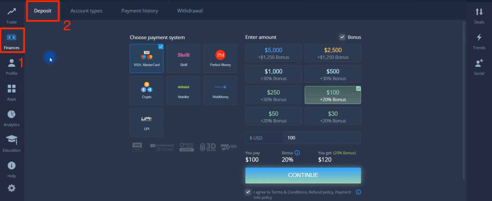 ฝากเงินใน ExpertOption ผ่านบัตรธนาคาร (Visa / Mastercard) การชำระเงินทางอิเล็กทรอนิกส์ และ Cryptocurrency ในสิงคโปร์