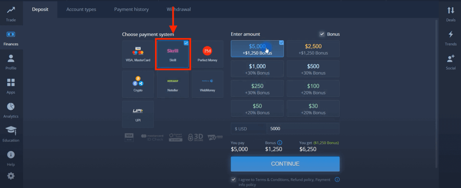 ฝากเงินใน ExpertOption ผ่านบัตรธนาคาร (Visa / Mastercard) การชำระเงินทางอิเล็กทรอนิกส์ และ Cryptocurrency ในสิงคโปร์