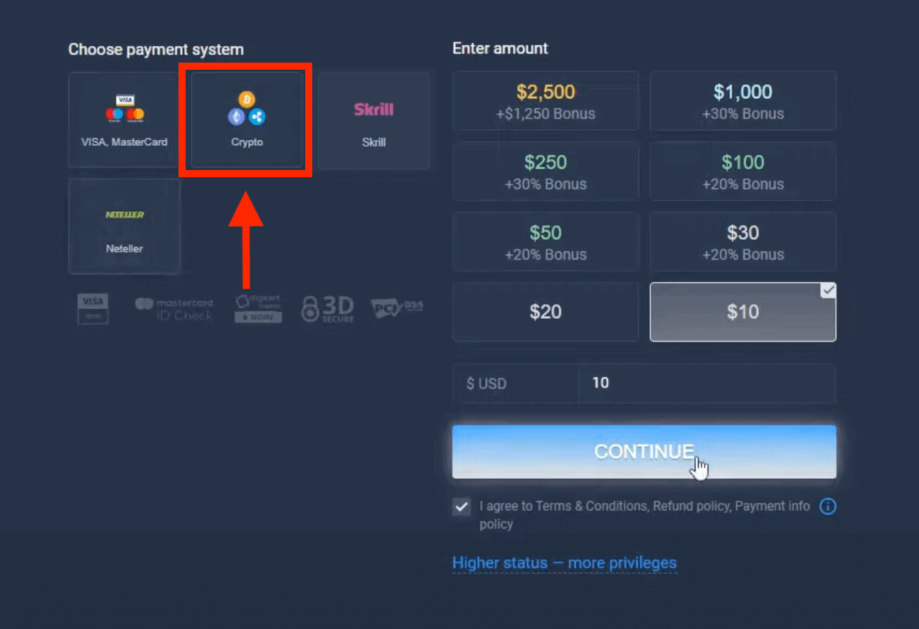 Deposite dinheiro em ExpertOption via cartões bancários (Visa / Mastercard), pagamentos eletrônicos (Skrill, Neteller) e criptomoeda na África do Sul Deposite dinheiro em ExpertOption via cartões bancários (Visa / Mastercard), pagamentos eletrônicos (Skrill, Neteller) e criptomoeda na África do Sul