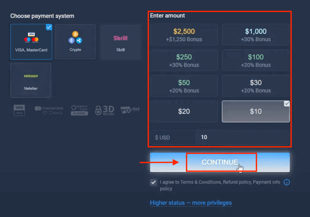 Deposite dinheiro em ExpertOption via cartões bancários (Visa / Mastercard), pagamentos eletrônicos (Skrill, Neteller) e criptomoeda na África do Sul Deposite dinheiro em ExpertOption via cartões bancários (Visa / Mastercard), pagamentos eletrônicos (Skrill, Neteller) e criptomoeda na África do Sul