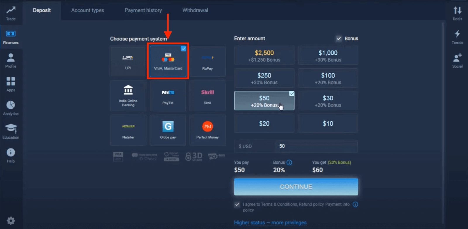 Gửi tiền vào ExpertOption qua Thẻ ngân hàng (Visa / Mastercard), thanh toán điện tử (UPI, RuPay, Skrill, Neteller, PayTM, Globe pay, Perfect Money) và tiền điện tử ở Ấn Độ Gửi tiền vào ExpertOption qua Thẻ ngân hàng (Visa / Mastercard), thanh toán điện tử (UPI, RuPay, Skrill, Neteller, PayTM, Globe pay, Perfect Money) và tiền điện tử ở Ấn Độ