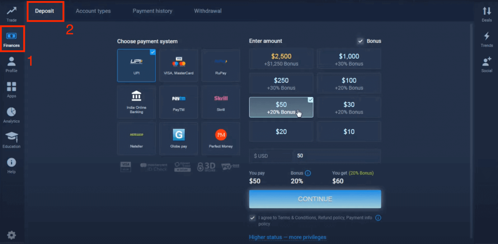 Gửi tiền vào ExpertOption qua Thẻ ngân hàng (Visa / Mastercard), thanh toán điện tử (UPI, RuPay, Skrill, Neteller, PayTM, Globe pay, Perfect Money) và tiền điện tử ở Ấn Độ Gửi tiền vào ExpertOption qua Thẻ ngân hàng (Visa / Mastercard), thanh toán điện tử (UPI, RuPay, Skrill, Neteller, PayTM, Globe pay, Perfect Money) và tiền điện tử ở Ấn Độ