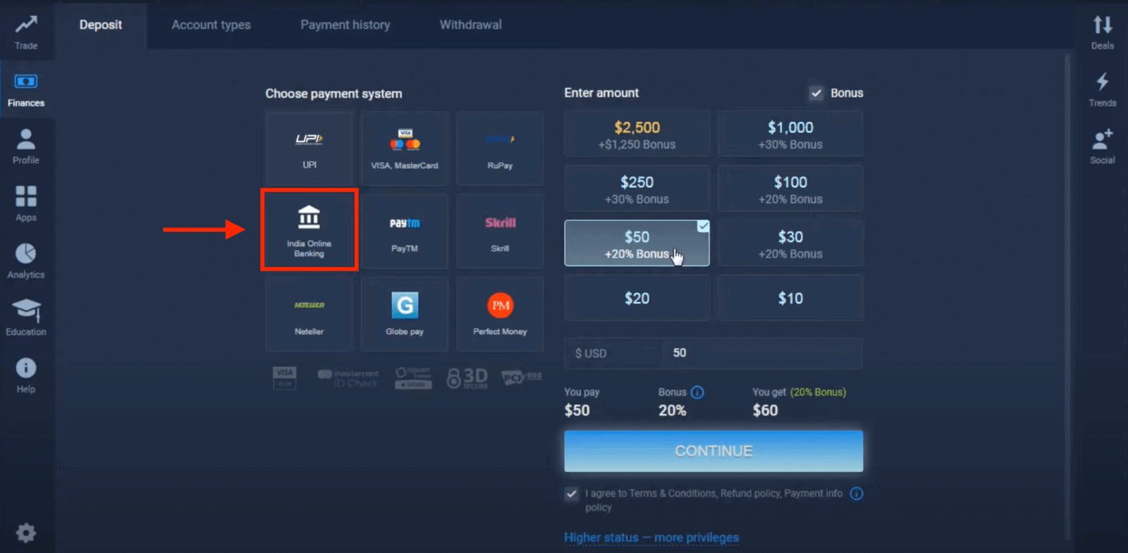 Gửi tiền vào ExpertOption qua Thẻ ngân hàng (Visa / Mastercard), thanh toán điện tử (UPI, RuPay, Skrill, Neteller, PayTM, Globe pay, Perfect Money) và tiền điện tử ở Ấn Độ Gửi tiền vào ExpertOption qua Thẻ ngân hàng (Visa / Mastercard), thanh toán điện tử (UPI, RuPay, Skrill, Neteller, PayTM, Globe pay, Perfect Money) và tiền điện tử ở Ấn Độ