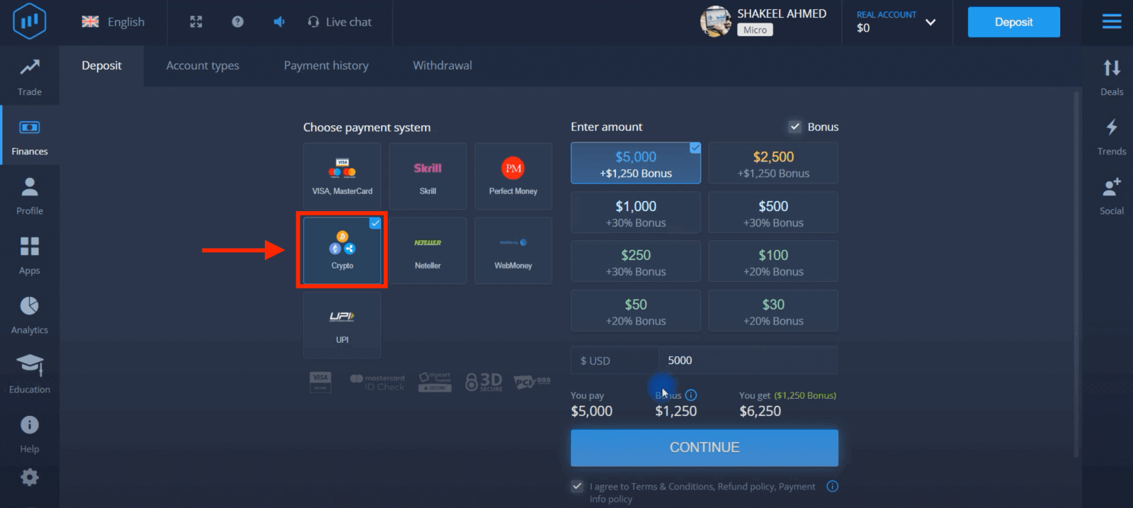 Gửi tiền vào ExpertOption qua Thẻ ngân hàng (Visa / Mastercard), thanh toán điện tử (UPI, RuPay, Skrill, Neteller, PayTM, Globe pay, Perfect Money) và tiền điện tử ở Ấn Độ Gửi tiền vào ExpertOption qua Thẻ ngân hàng (Visa / Mastercard), thanh toán điện tử (UPI, RuPay, Skrill, Neteller, PayTM, Globe pay, Perfect Money) và tiền điện tử ở Ấn Độ