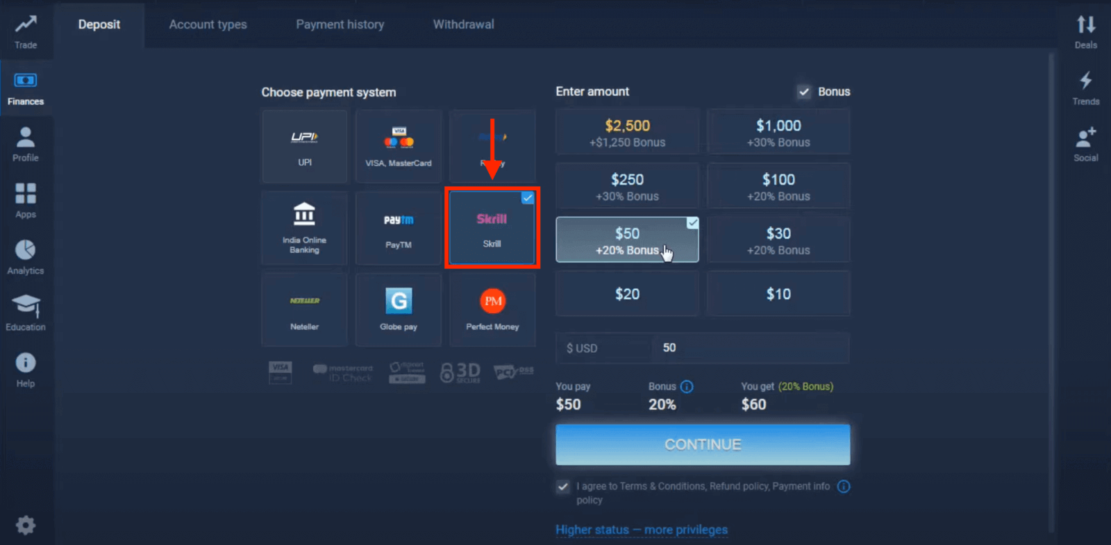 Gửi tiền vào ExpertOption qua Thẻ ngân hàng (Visa / Mastercard), thanh toán điện tử (UPI, RuPay, Skrill, Neteller, PayTM, Globe pay, Perfect Money) và tiền điện tử ở Ấn Độ Gửi tiền vào ExpertOption qua Thẻ ngân hàng (Visa / Mastercard), thanh toán điện tử (UPI, RuPay, Skrill, Neteller, PayTM, Globe pay, Perfect Money) và tiền điện tử ở Ấn Độ