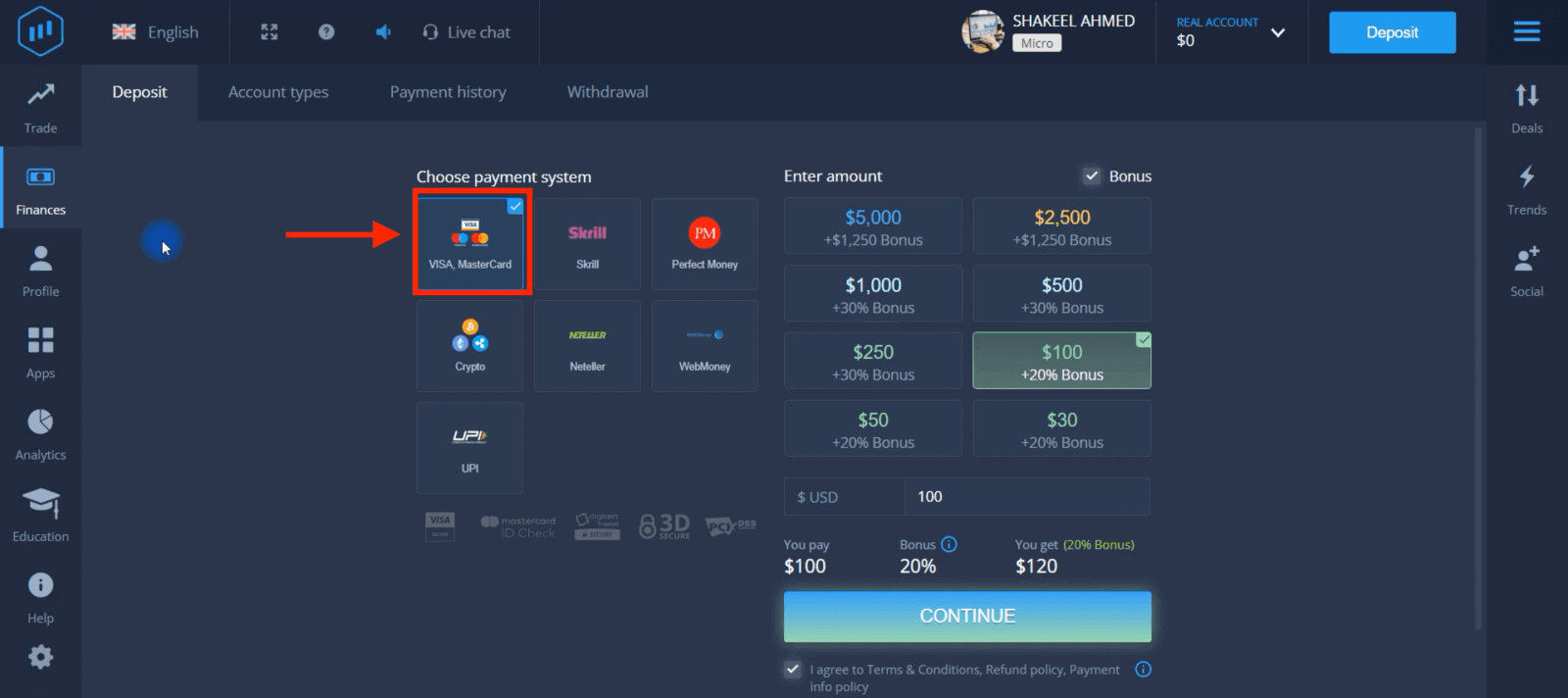 قم بإيداع الأموال في ExpertOption عبر البطاقات المصرفية (Visa / Mastercard)، والمدفوعات الإلكترونية (UPI، وSkrill، وNeteller، وWebMoney، وPerfect Money) والعملات المشفرة في باكستان قم بإيداع الأموال في ExpertOption عبر البطاقات المصرفية (Visa / Mastercard)، والمدفوعات الإلكترونية (UPI، وSkrill، وNeteller، وWebMoney، وPerfect Money) والعملات المشفرة في باكستان
