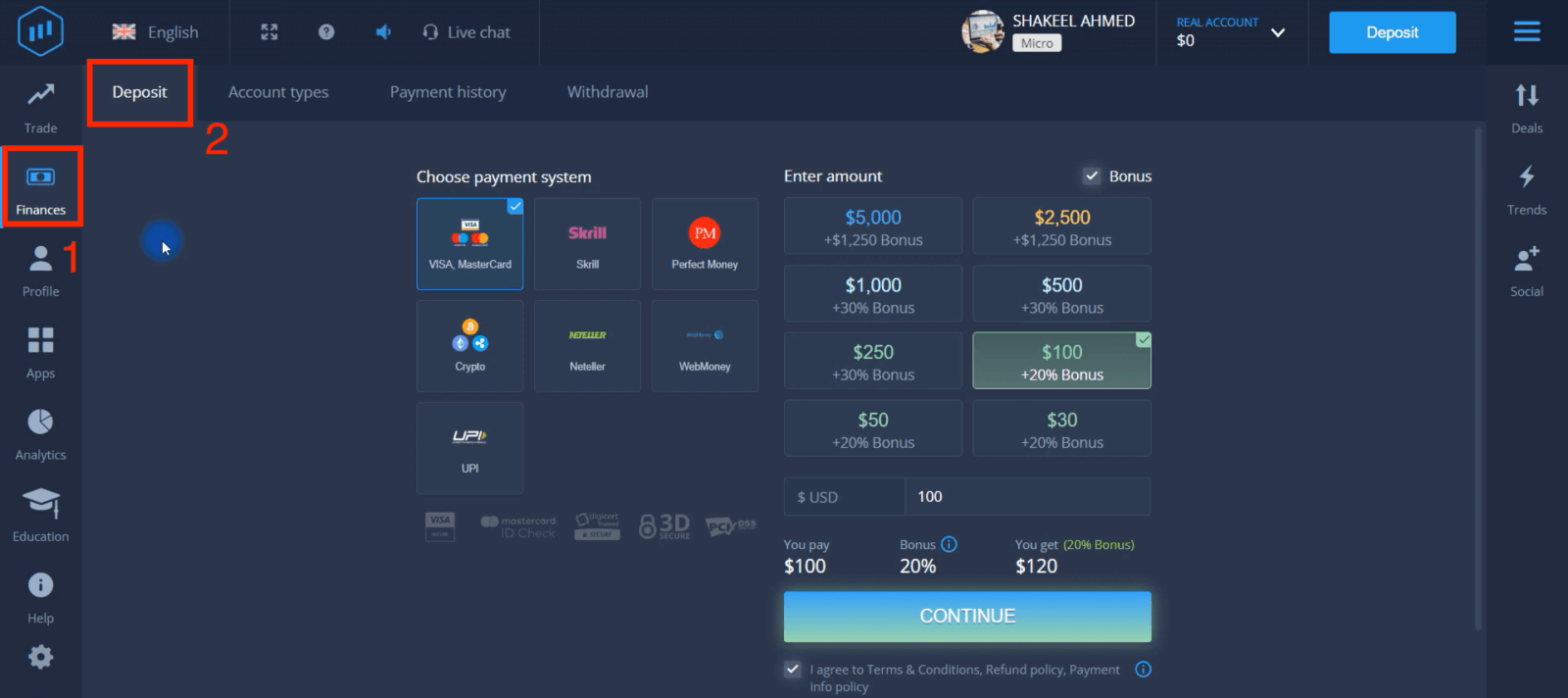 قم بإيداع الأموال في ExpertOption عبر البطاقات المصرفية (Visa / Mastercard)، والمدفوعات الإلكترونية (UPI، وSkrill، وNeteller، وWebMoney، وPerfect Money) والعملات المشفرة في باكستان قم بإيداع الأموال في ExpertOption عبر البطاقات المصرفية (Visa / Mastercard)، والمدفوعات الإلكترونية (UPI، وSkrill، وNeteller، وWebMoney، وPerfect Money) والعملات المشفرة في باكستان