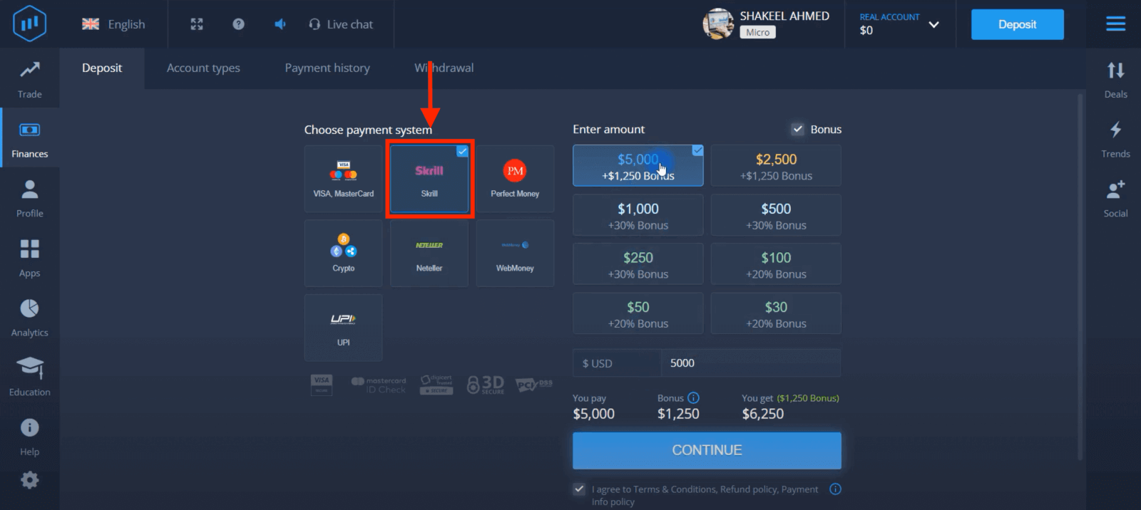 قم بإيداع الأموال في ExpertOption عبر البطاقات المصرفية (Visa / Mastercard)، والمدفوعات الإلكترونية (UPI، وSkrill، وNeteller، وWebMoney، وPerfect Money) والعملات المشفرة في باكستان قم بإيداع الأموال في ExpertOption عبر البطاقات المصرفية (Visa / Mastercard)، والمدفوعات الإلكترونية (UPI، وSkrill، وNeteller، وWebMoney، وPerfect Money) والعملات المشفرة في باكستان