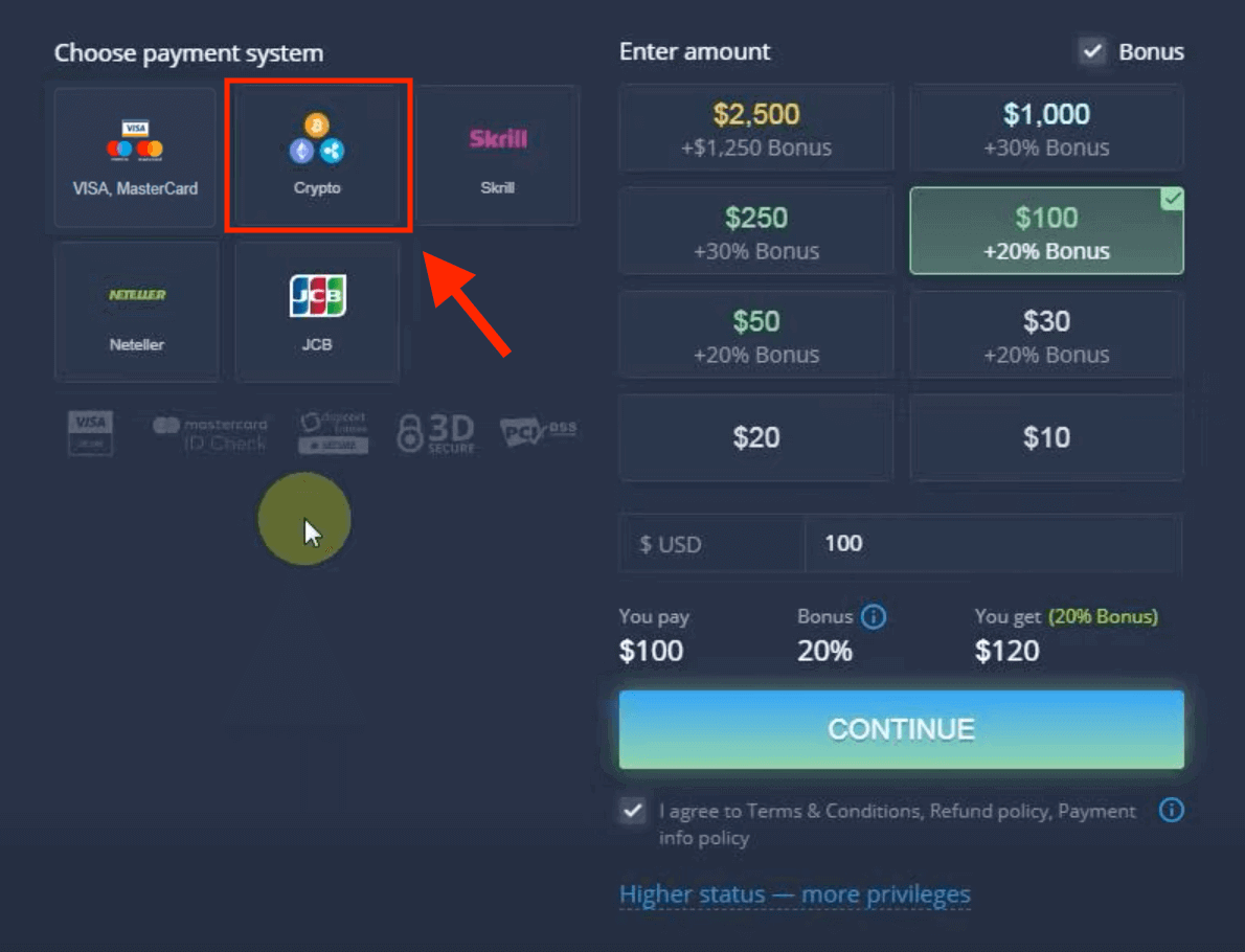 قم بإيداع الأموال في ExpertOption عبر البطاقات المصرفية (Visa / Mastercard / JCB)، والمدفوعات الإلكترونية (Skrill، Neteller) والعملات المشفرة في الفلبين قم بإيداع الأموال في ExpertOption عبر البطاقات المصرفية (Visa / Mastercard / JCB)، والمدفوعات الإلكترونية (Skrill، Neteller) والعملات المشفرة في الفلبين