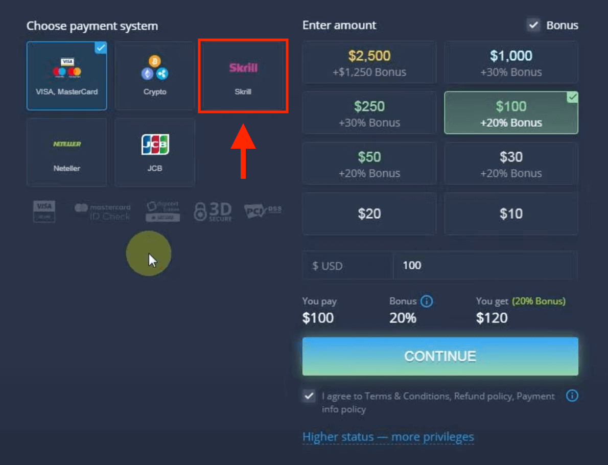 قم بإيداع الأموال في ExpertOption عبر البطاقات المصرفية (Visa / Mastercard / JCB)، والمدفوعات الإلكترونية (Skrill، Neteller) والعملات المشفرة في الفلبين قم بإيداع الأموال في ExpertOption عبر البطاقات المصرفية (Visa / Mastercard / JCB)، والمدفوعات الإلكترونية (Skrill، Neteller) والعملات المشفرة في الفلبين