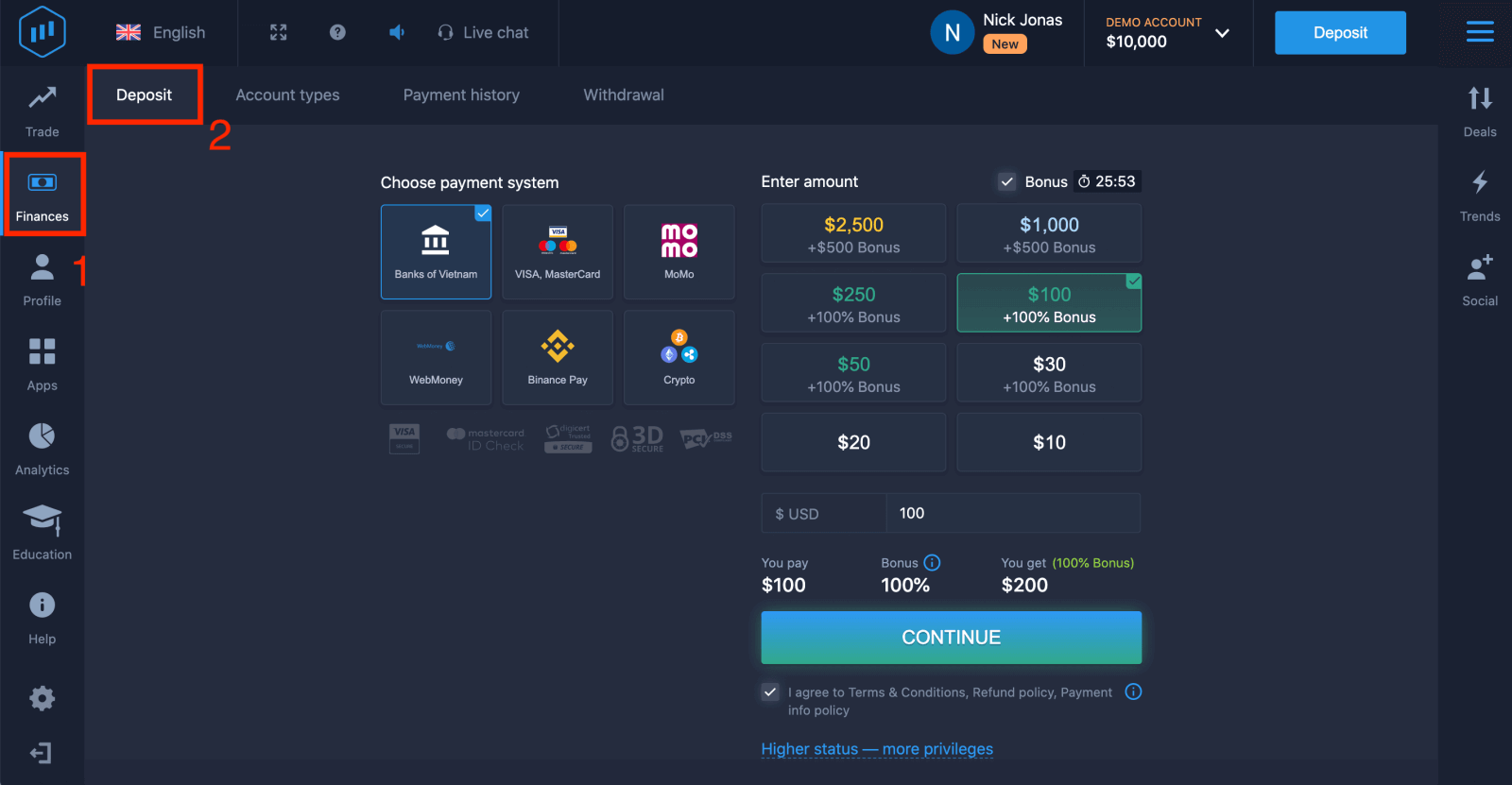 Cách rút tiền và gửi tiền trên ExpertOption